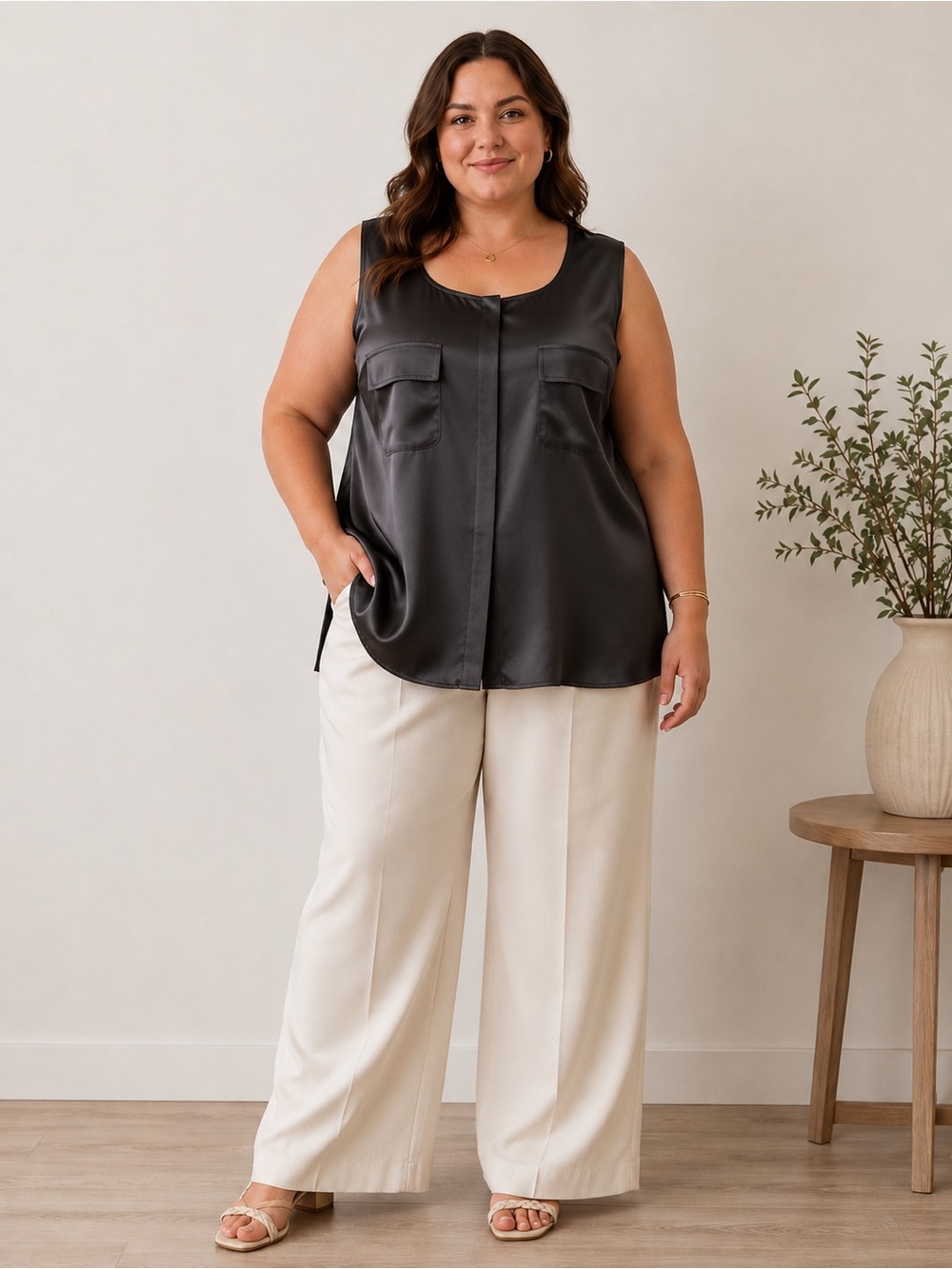 a.n.a Black Satin Sleeveless Shell Top